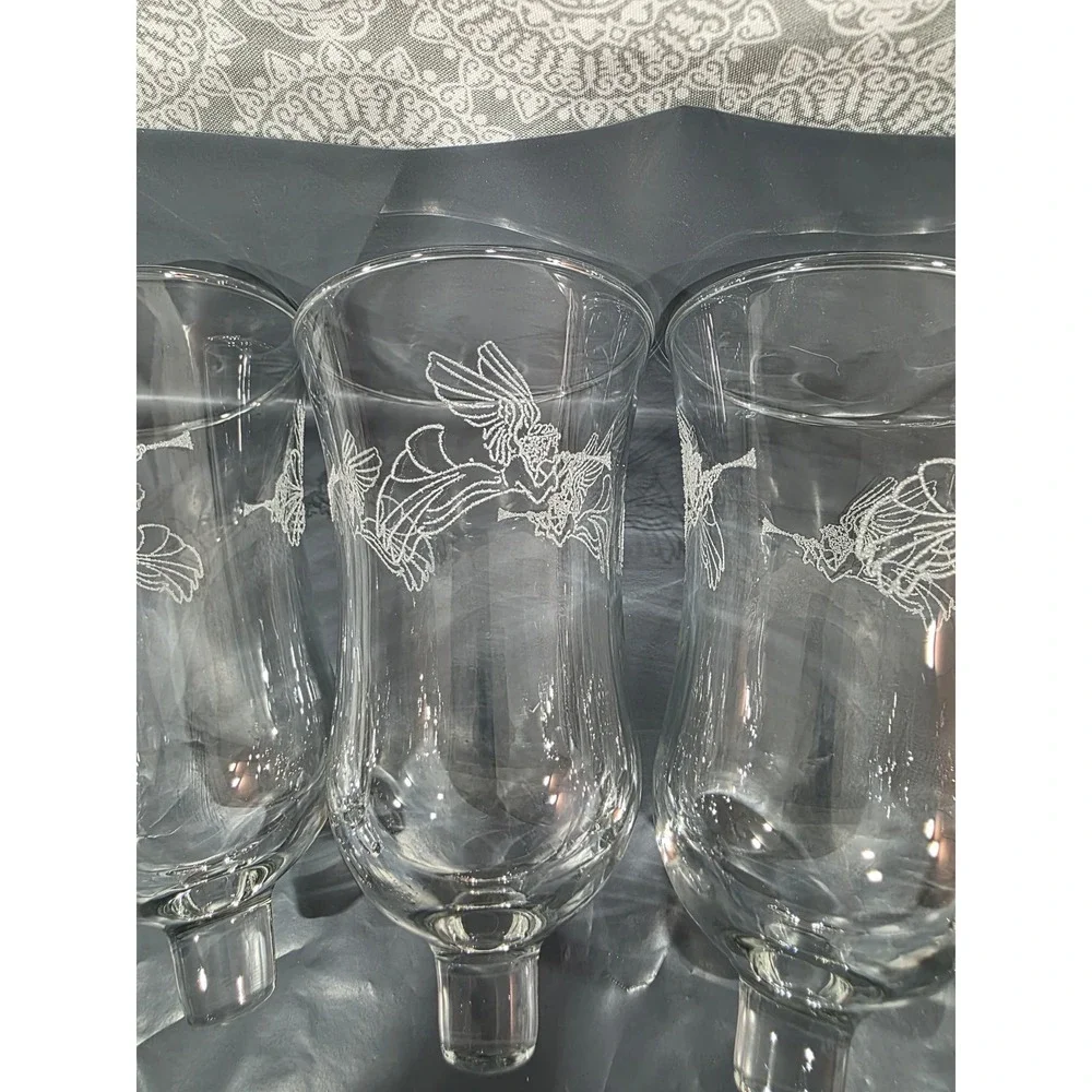 Set of 4 Clear Glass Candle Holders Etched Angel (2) & Horse Tree (1) Design MCM